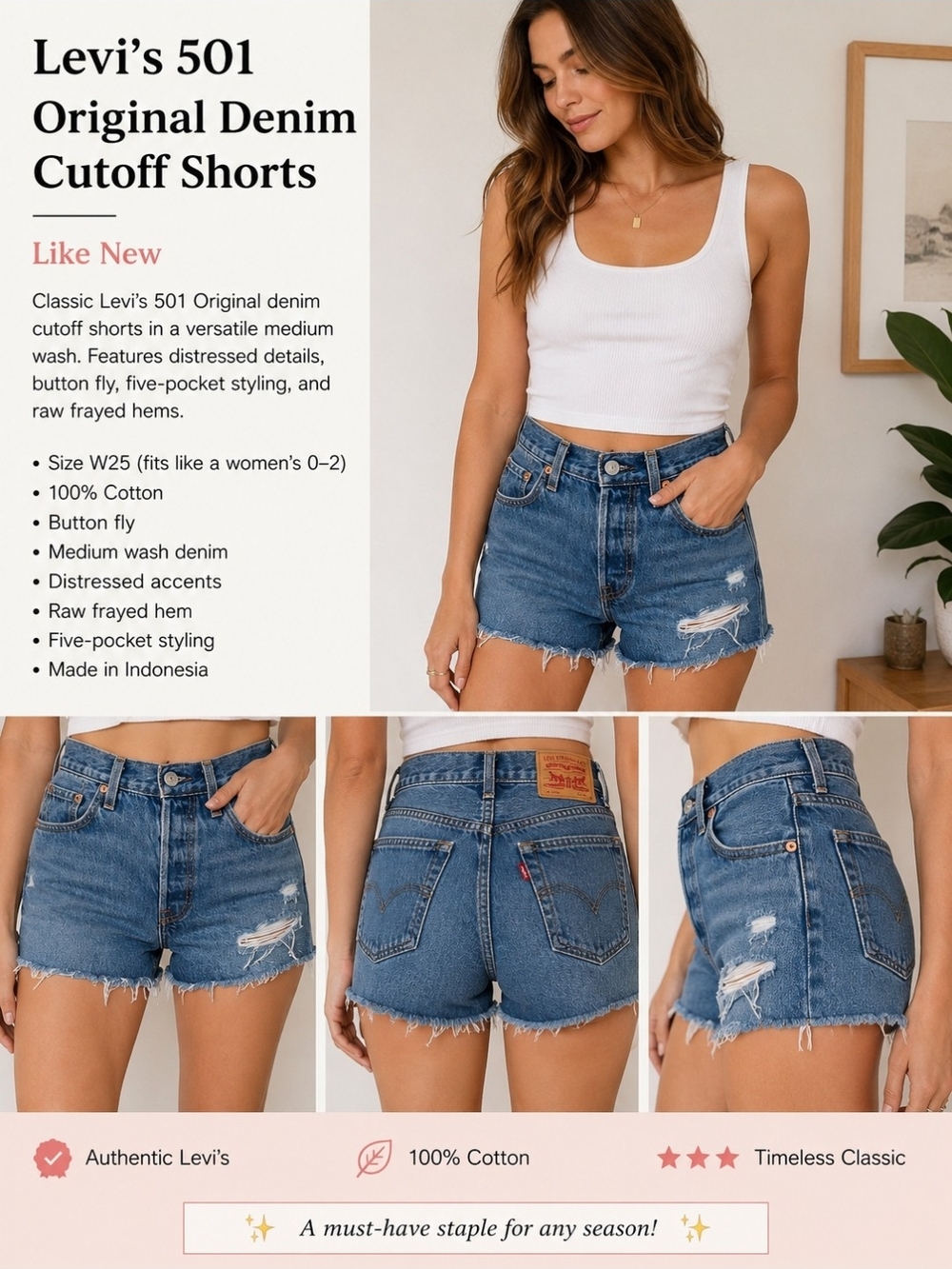 Levi's 501 Original Distressed Denim Cutoff Shorts Medium Wash Size W25 - Picture 2 of 16